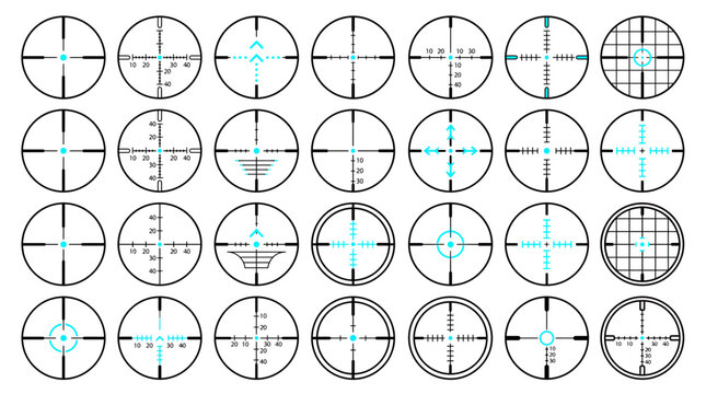 Set of military sniper scope reticles and crosshairs target sight vector icons with cyan details on white background, symbolizing tactical precision shooting and military HUD UI design