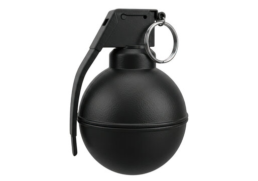 Close-up of a black grenade with safety pin isolated on transparent background