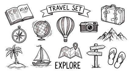 Obraz premium Hand drawn travel set elements vector line art sketch of suitcase camera compass globe map and balloon, symbolizing vacation planning and global adventure tourism