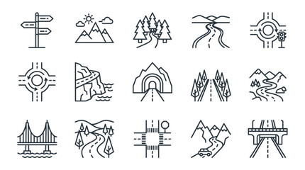 Obraz premium Minimalist line icon set featuring road highway mountain landscape bridge tunnel intersection signpost, illustrating travel navigation planning, symbolizing outdoor adventure direction