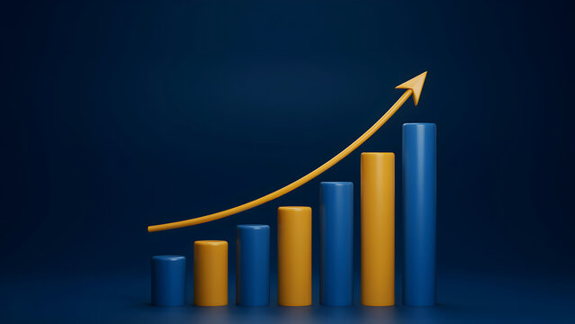 3d render of a bar chart with an upward trending arrow indicating business growth and financial success