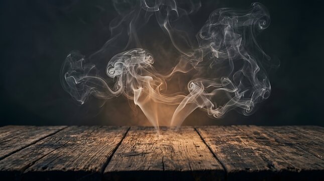 Empty rustic wooden table with mysterious smoke for a spooky happy halloween background and product display