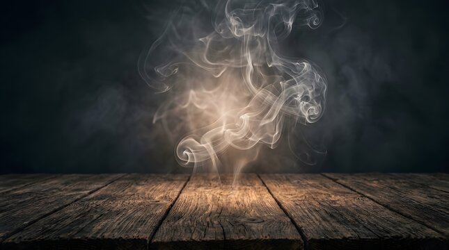 A spooky wooden table background with ethereal smoke and glowing light for a happy halloween holiday design