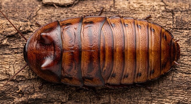 Dorsal top down view of a giant wingless roach carapace