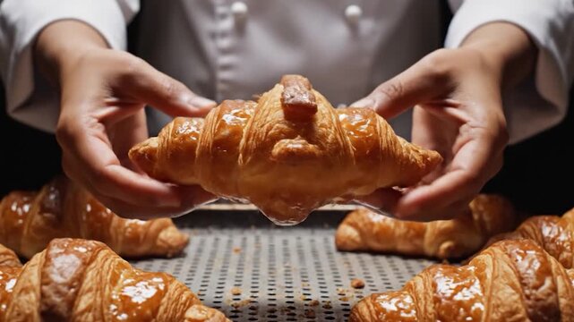A professional baker arranges fresh croissants on a tray