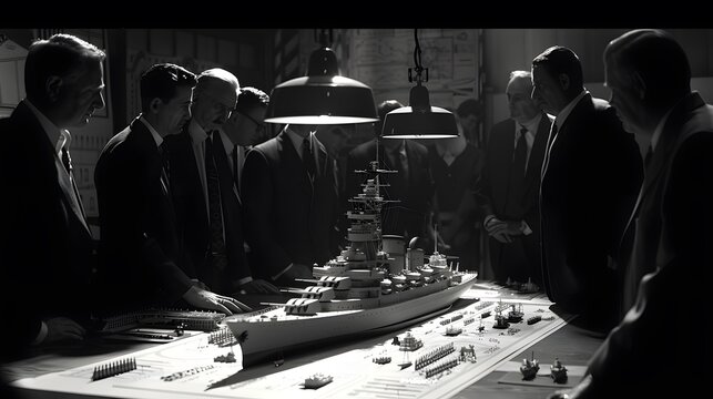 Serious men in suits gather around a detailed battleship model to discuss naval strategy under bright hanging pendant light fixtures