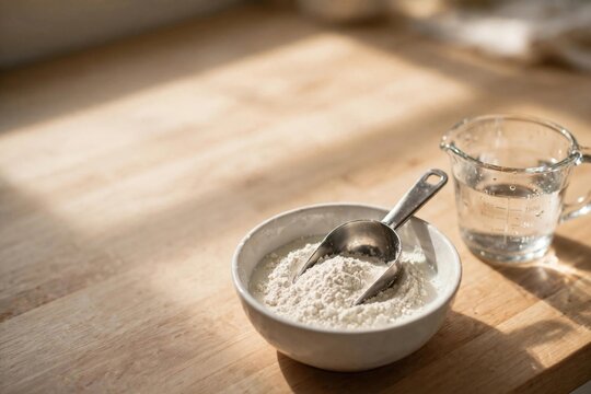 Bowl of Flour with Measuring Cup on Wooden Table
