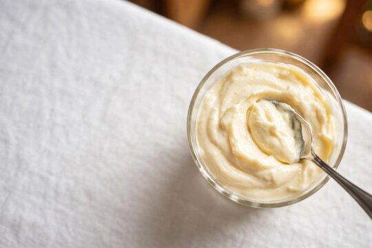 Creamy Sauce in Glass Bowl with Spoon
