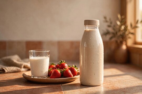 Fresh Strawberry Milk with Glass and Berries