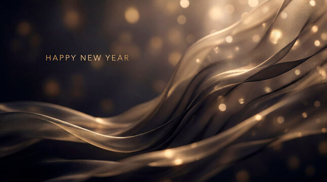 Elegant flowing golden silk with sparkling bokeh and Happy New Year greeting text