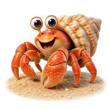 A hermit crab on the sand against a white background.