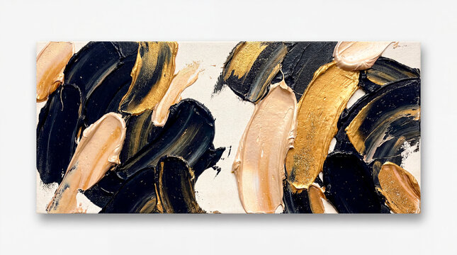 Abstract black gold and cream thick oil paint brushstrokes on canvas for luxury backdrop