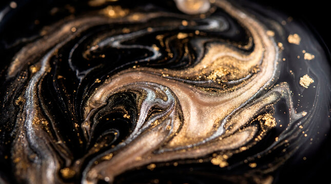 Swirling black and gold liquid marble texture with shimmering glitter for elegant backdrop