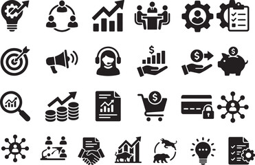 Fototapeta premium Business and Finance Flat Icons Set on White Background Growth Strategy and Teamwork