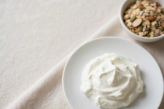 Whipped Cream on White Plate with Granola Bowl