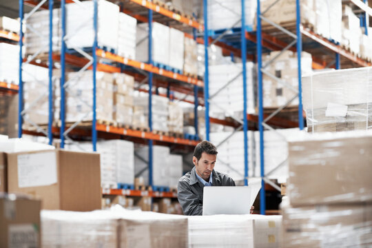 Laptop, reading and shipping with man in warehouse for logistics route, tracking code and cargo. Inventory checklist, ecommerce delivery and tech with person in factory for supplier distribution