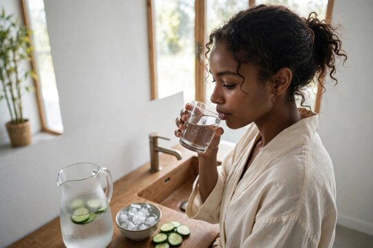 Woman Drinking Water with Cucumber Slice