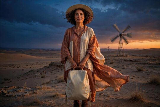 Woman in Desert with Windmill at Sunset