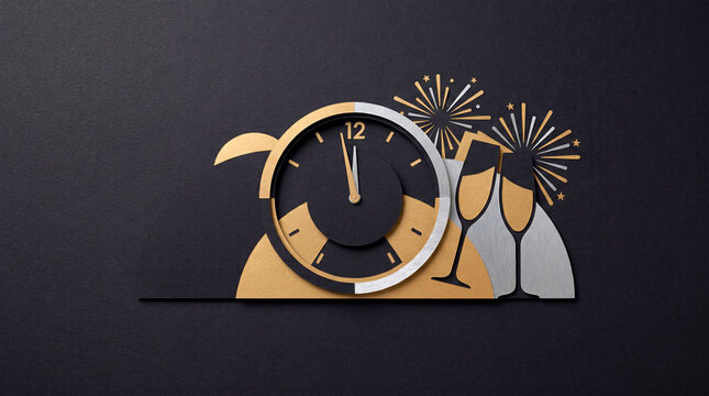 Paper cut craft clock and champagne glasses with fireworks for New Year countdown design