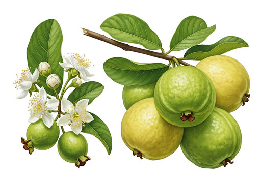 detailed botanical illustration of guava branch with green fruits and flowers