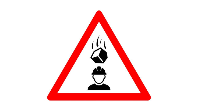 Warning sign indicating falling objects hazard for workers wearing hard hats.