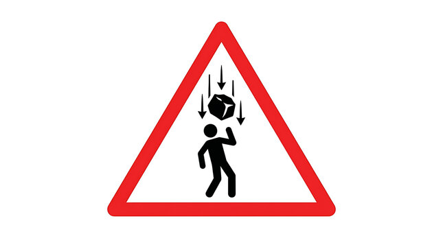 Warning sign indicating falling objects hazard with a person silhouette underneath.