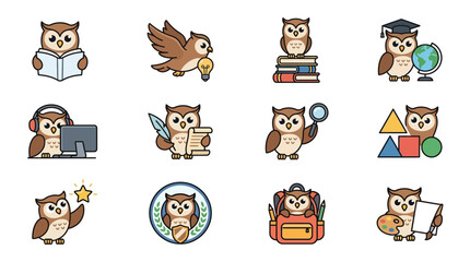 Fototapeta premium Cartoon Owls in Various Professional and Educational Roles.