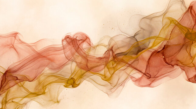 Delicate autumn colored ink smoke swirl with gold glitter on cream background for fall backdrop
