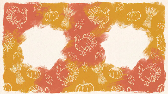 Hand drawn Thanksgiving turkey pumpkin and wheat pattern with blank frames on rustic background