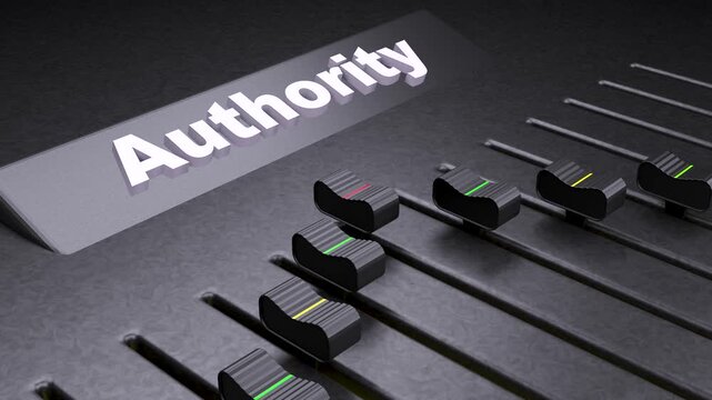 Authority text on professional sound mixer console, audio fader sliders moving to increase authority level, conceptual leadership and power control