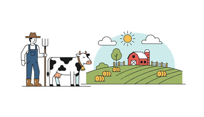 Fototapeta premium Farmer holding a pitchfork standing next to a dairy cow with a scenic countryside pasture and red barn in the background.