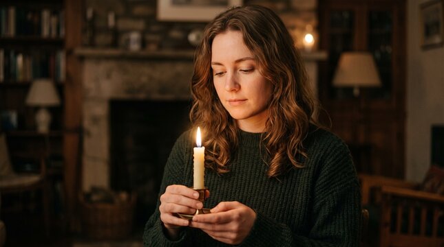 Atmospheric portrait of a young woman holding a lit candle, cozy interior with warm candlelight, peaceful woman in dark green sweater during power outage