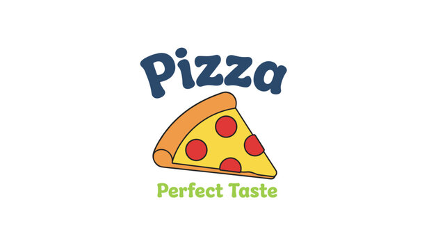 Cheerful logo template for a pizzeria containing a slice of delicious pepperoni pizza with the text perfect taste in clean style.