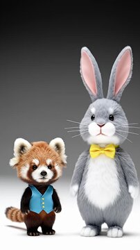 Stylized 3D red panda and tall rabbit.