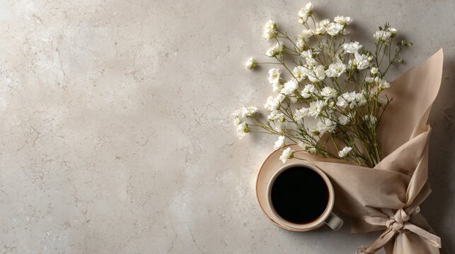 A minimalist wrap arrangement positioned diagonally across a neutral textured background with refined spacing and elegant caf&eacute; styling