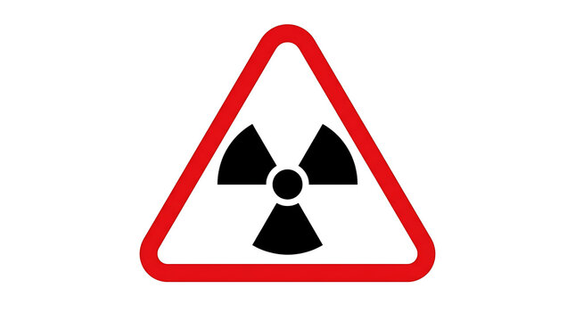 A clear warning sign indicating the presence of radiation, featuring the universal symbol for radioactivity within a red triangle.