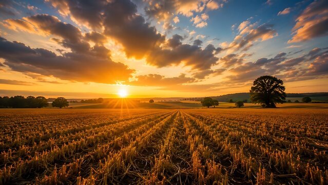 Golden sunrise over a harvested farmland field with converging stubble rows and green trees. Concept of sustainable farming for rural agribusiness.