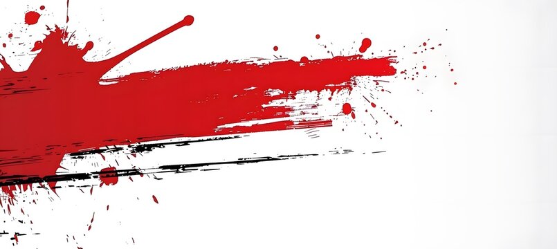 Vibrant red paint stroke with artistic black ink splatters creating a dynamic and bold visual texture for modern graphic design
