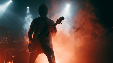 Obraz premium Silhouetted bass guitarist performing live on smoky stage with dramatic lighting at a rock concert
