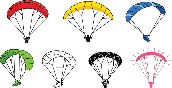 Colorful Paragliding and Skydiving Parachute Icon Set with Powered Paraglider Symbols for Extreme Air Sport and Outdoor Adventure Designs