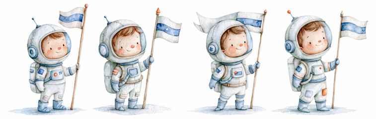 Cute watercolor little astronaut boys in various poses, wearing space suits and holding flags, depicting childhood dreams of space exploration, cosmic adventures, and discovery