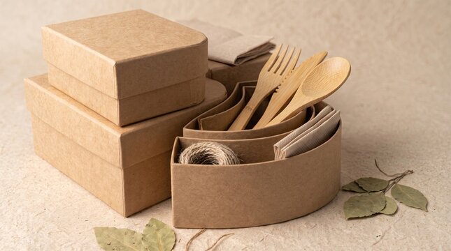 Eco-friendly kraft paper packaging set, sustainable cardboard food boxes with bamboo cutlery, biodegradable takeaway containers for zero waste delivery