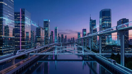 Fototapeta premium Professional studio quality image of smart city technology skyline, neon lights, advanced infrastructure, night view, soft natural light, high resolution, minimal noise