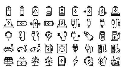 Fototapeta premium Modern Battery Charging Outline Icons Collection with Fast Charger USB Solar Power Electric Vehicle and Energy Symbols Vector