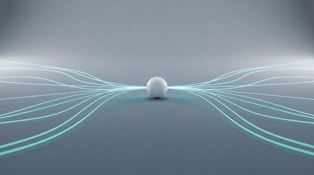 Neural network abstract design with glowing data nodes converging on central sphere in smooth 3d digital environment