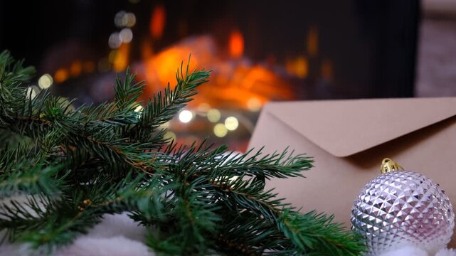 Christmas tree, decorations, envelope. Magic of the holiday season. Warm string lights twinkle gently, casting a golden glow. Fireplace,  flame, fir branches adds comforting warmth, the subtle scent