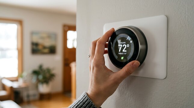 Person hand adjusting a modern smart thermostat on a wall inside a cozy home living room