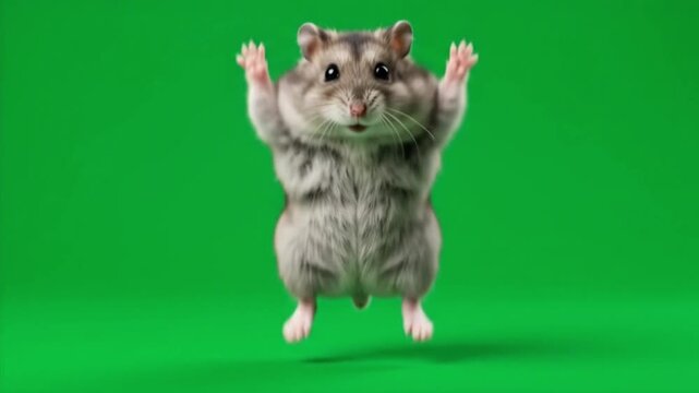 Gray hamster dancing and spinning on its hind legs on a green screen background
