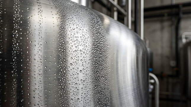 Close up of condensation water droplets on a stainless steel industrial fermentation tank