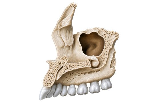 Maxillary bone anatomy with sinus cavity upper jaw and teeth cross section